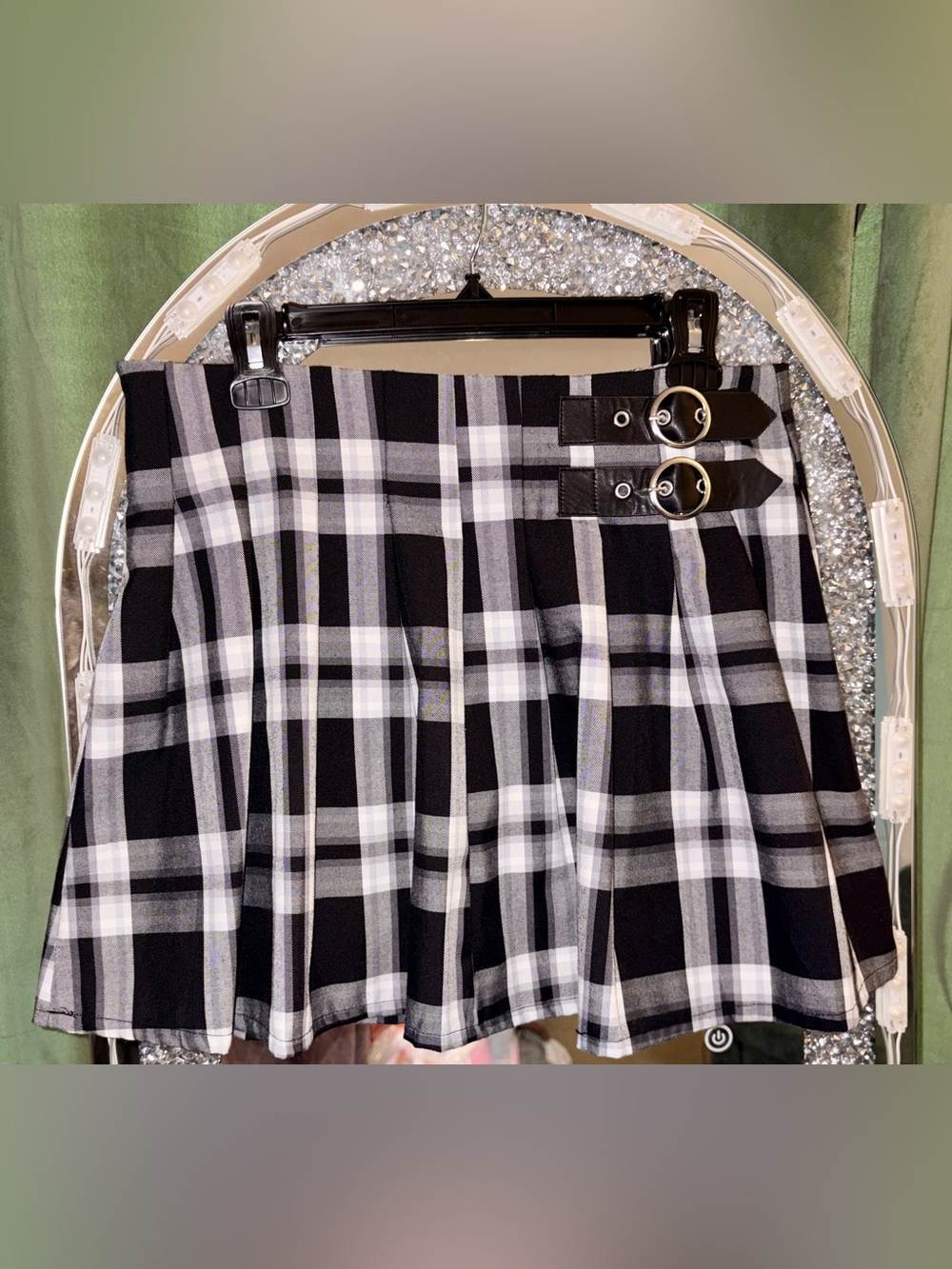 Black & White Plaid Pleated Mini Skirt with Double Buckle Straps